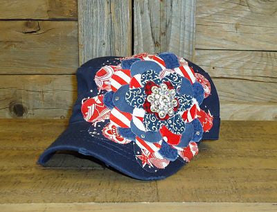 #FF002 Red, White and Blue Frayed Flower Cap