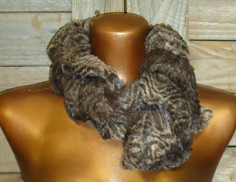 #30012A Brown Animal Print Faux Fur Scarf