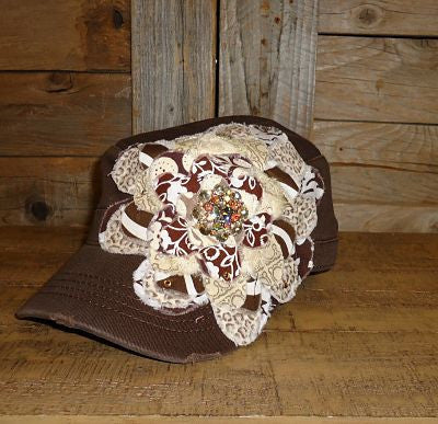 #FF014 Brown and White Frayed Flower Cap