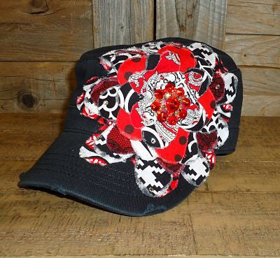 #FF001 Red and Black Frayed Flower Cap
