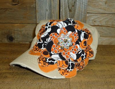 #FF003 Orange and Black Frayed Flower Cap