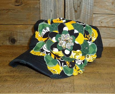 #FF004 Green and Gold Frayed Flower Cap