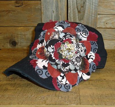#FF005 Maroon and Black Frayed Flower Cap