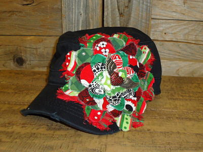 #FF008 Red and Green Frayed Flower Cap