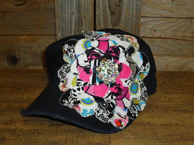 #FF009 Pink and Black Frayed Flower Cap