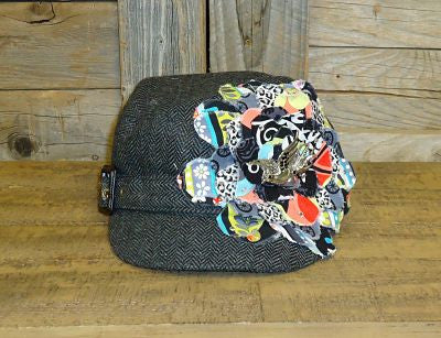 #FF019 Multi Colored Frayed Flower on Vintage Couture Black Tweed Cadet Cap