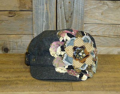 #FF020 Multi Colored Frayed Flower on Vintage Couture Black Tweed Cadet Cap