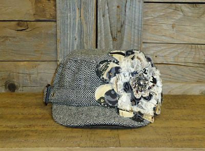 #FF021 Multi Colored Frayed Flower on Vintage Couture Black and White Tweed Cadet Cap