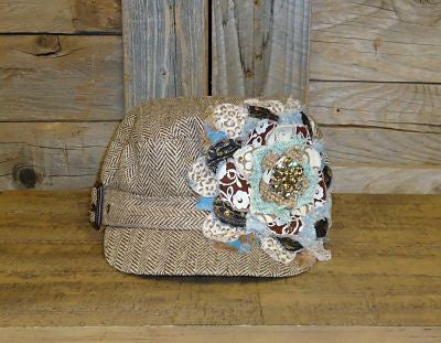 #FF022 Multi Colored Frayed Flower on Vintage Couture Brown and White Tweed Cadet Cap