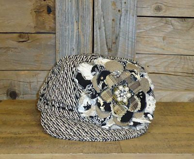 #FF023 Tan and Black Frayed Flower on Newsboy Cap