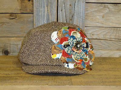 #FF024 Multi Colored Frayed Flower on Brown Tweed Newsboy Cap