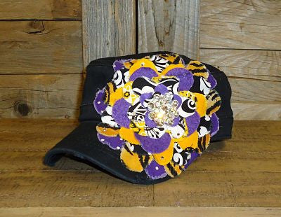 #FF006 Purple and Gold Frayed Flower Cap