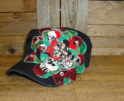 #FF011 Green and Red Frayed Flower Cap