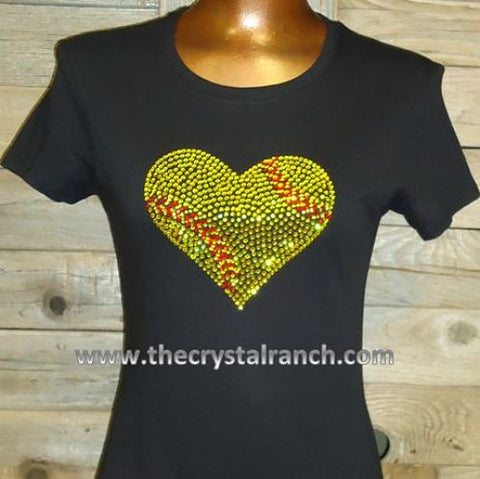 TS139k Softball Heart Rhinestone Tee