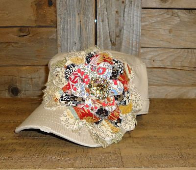 #FF018 Tan, Black and Red Frayed Flower Cap