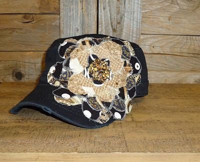 #FF017 Tan and Black Frayed Flower Cap