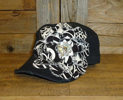 #FF007 Black and White Frayed Flower Cap