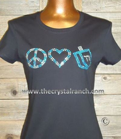 TH022 Peace Love and Dreidel Rhinestone Tee