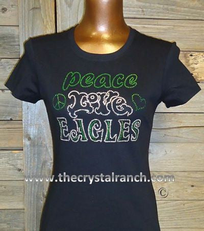 TP027 Peace Love YOUR SCHOOL or MASCOT Custom Rhinestone Tee
