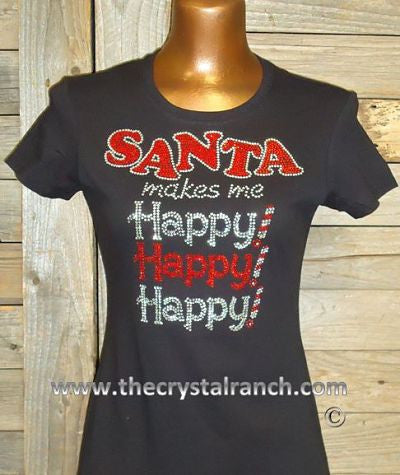 TH143 Santa makes me Happy Happy Happy Rhinestone Tee