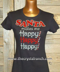 TH143 Santa makes me Happy Happy Happy Rhinestone Tee